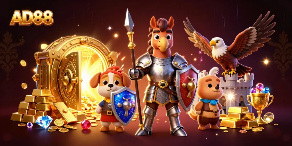 Experience the excitement of AD88 with medieval knights, treasure, and dynamic gaming elements in a vibrant 3D illustration.