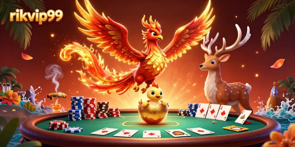 Experience excitement with the rikvip99 ignition, showcasing a vibrant poker scene featuring mythical creatures.