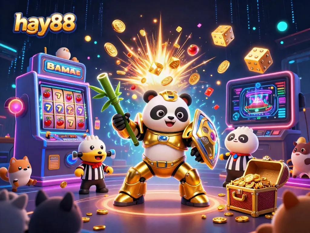 Experience thrilling casino gameplay with hay88 as the golden panda wields a bamboo robot amidst a burst of jackpot excitement!