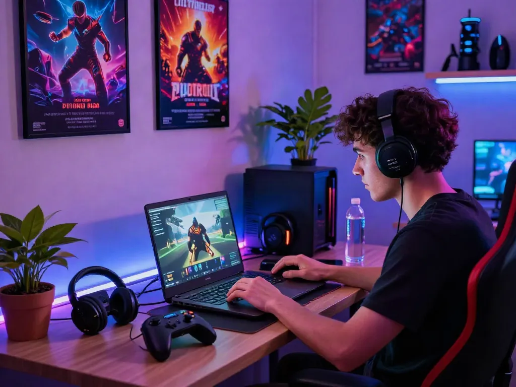 Explore the vibrant gaming digital marketplace with warung168, showcasing a user engaged in online purchases amidst gaming accessories.