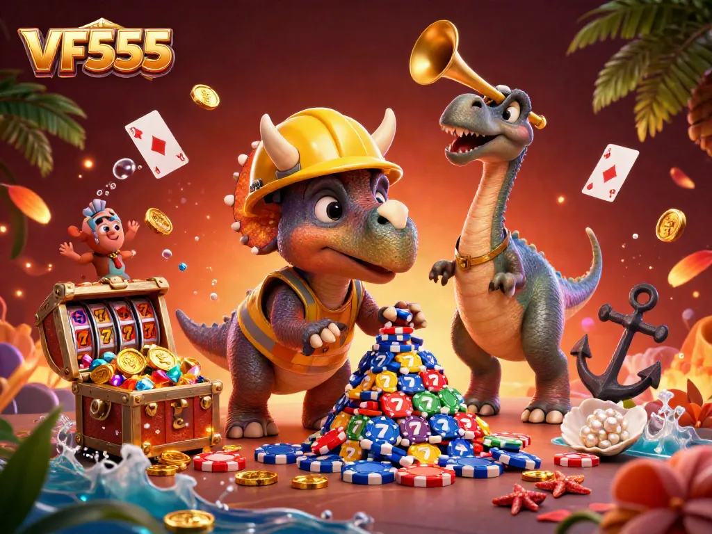 Celebrate with VF555: A triceratops builds a poker chip pyramid amidst lively casino excitement.
