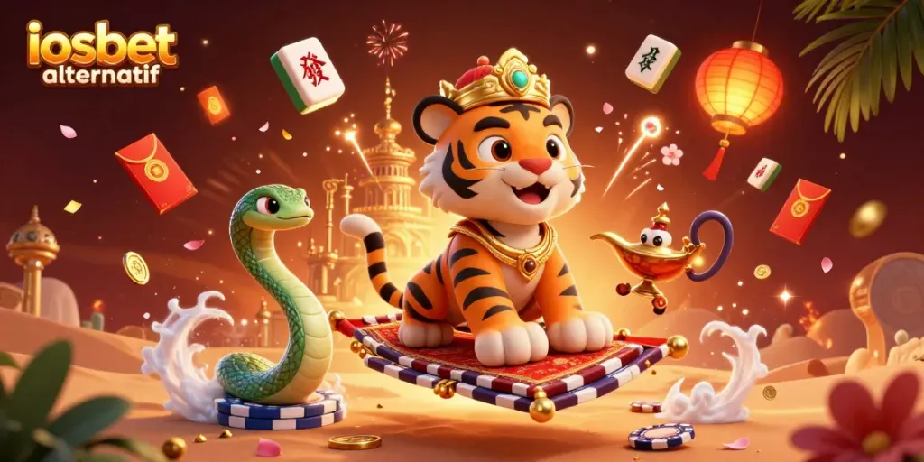 Ilustrasi 3D yang menampilkan sultan harimau dalam tema Arabian Nights, berhubungan dengan iosbet alternatif.