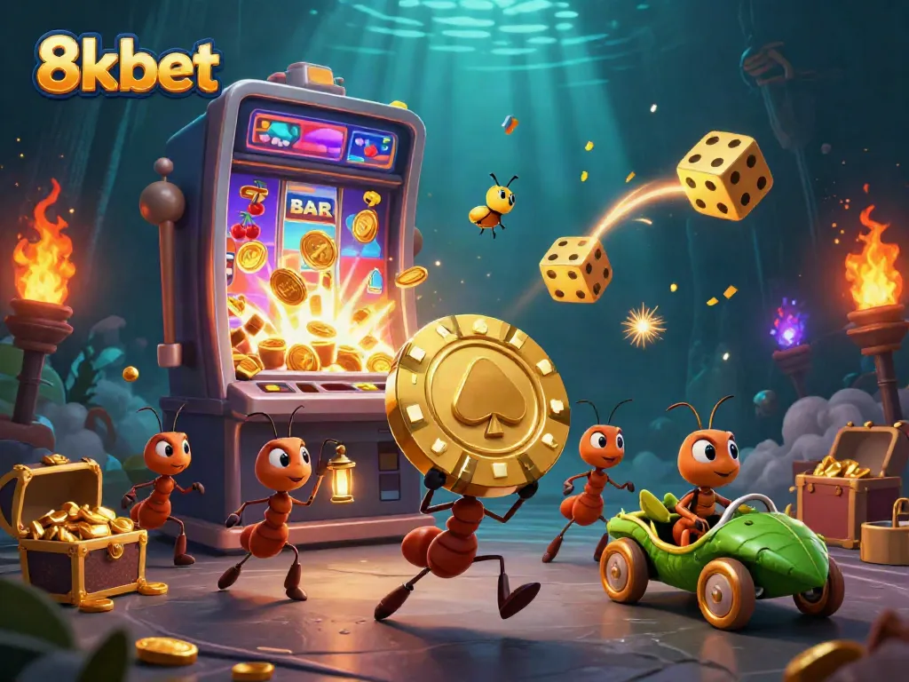 Experience the excitement of 8kbet with ants in a heist carrying giant poker chips amidst exploding slot machines and vibrant casino elements.