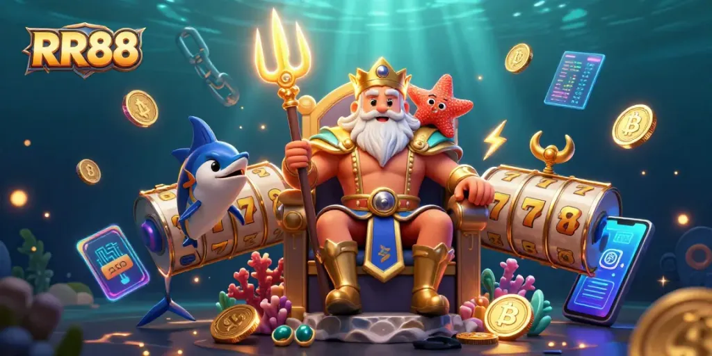 Experience the excitement of RR88 with a 3D illustration of Neptune and underwater casino elements.