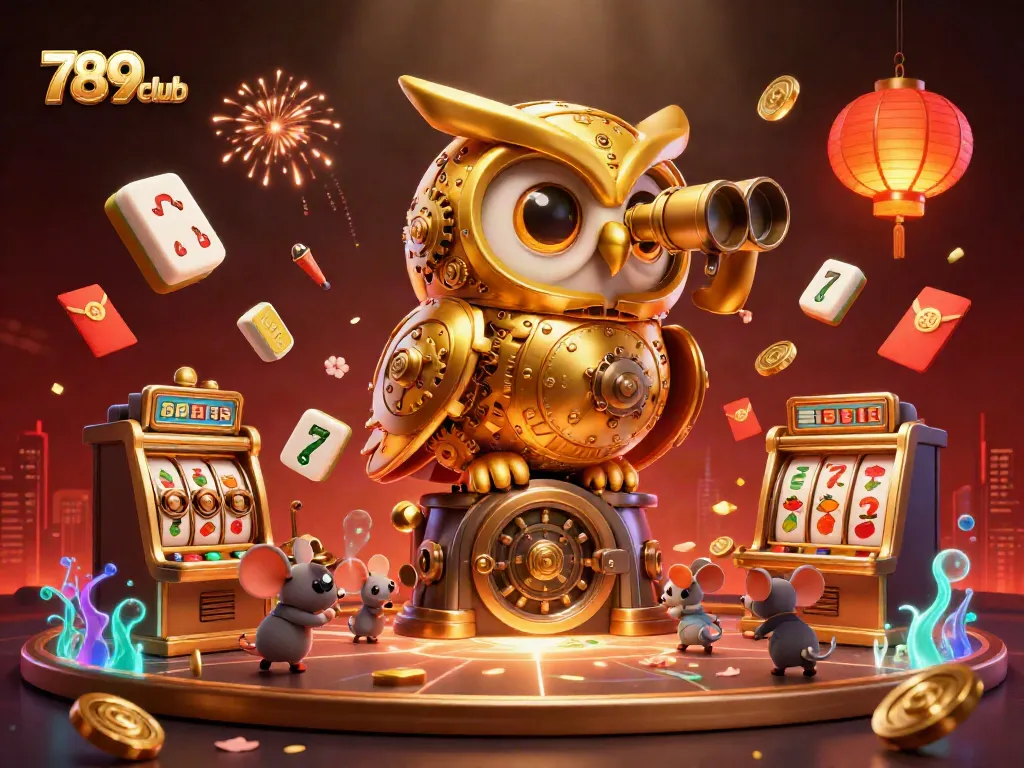 Engage with 789club's vibrant atmosphere as the golden owl surveys an action-packed casino scene.