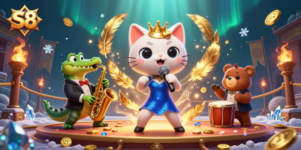 S8 Casino showcases a jazzy scene with a singing cat, saxophone crocodile, and drumming bear, surrounded by festive casino elements.