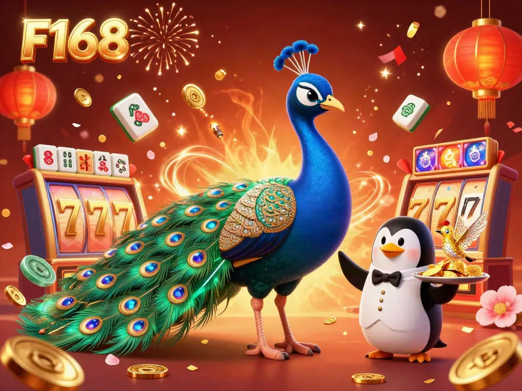 Experience the exciting world of F168 with vibrant characters and dynamic casino elements in this 3D illustration.