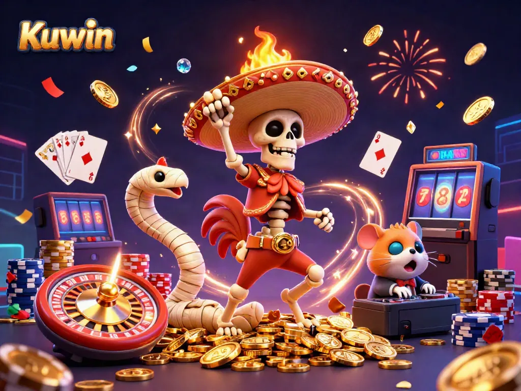 Experience thrilling moments at Kuwin with a festive display of gaming characters and casino elements.