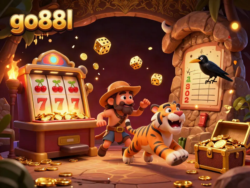 Experience the thrills of online gaming at go88l with a lively prehistoric casino scene filled with vibrant characters and dynamic elements.