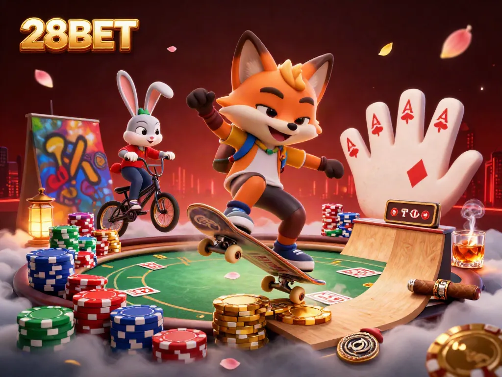 Experience the thrill of 28BET with vibrant characters and dynamic casino elements in a lively scene.