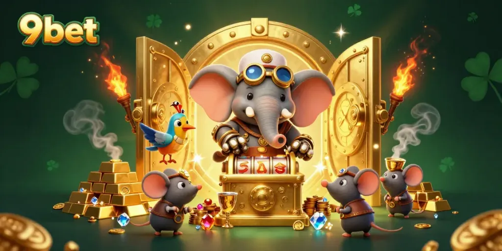 Experience the excitement of 9bet with a dynamic steampunk-themed casino scene filled with treasures and gaming elements.