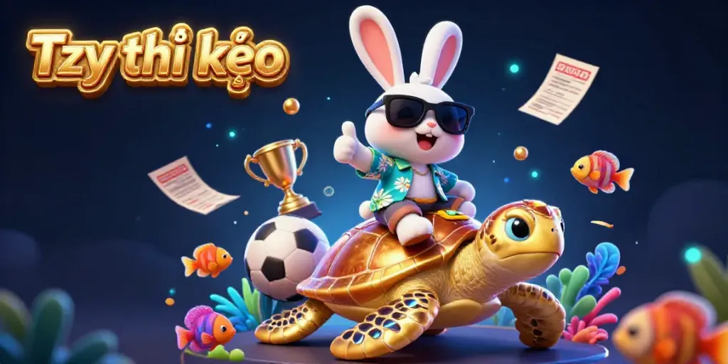 Place bets wisely with Tỷ lệ kèo sports betting illustration featuring lucky rabbit and golden sea turtle.