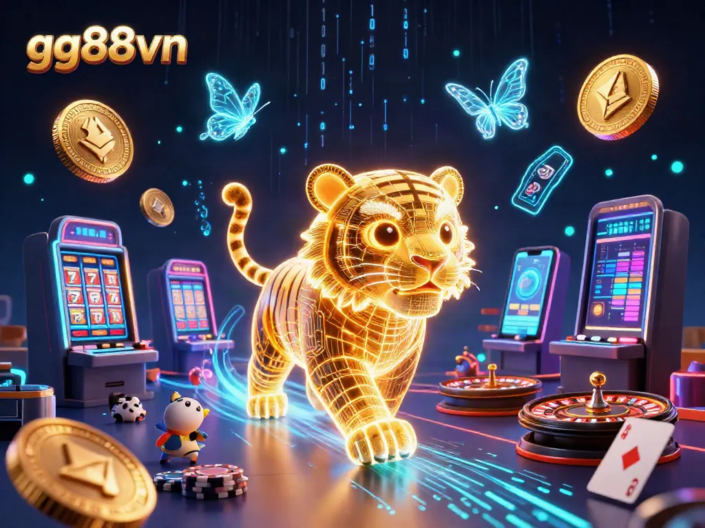 Engage with thrilling casino action at gg88vn, featuring a neon golden tiger amidst vibrant gaming components.