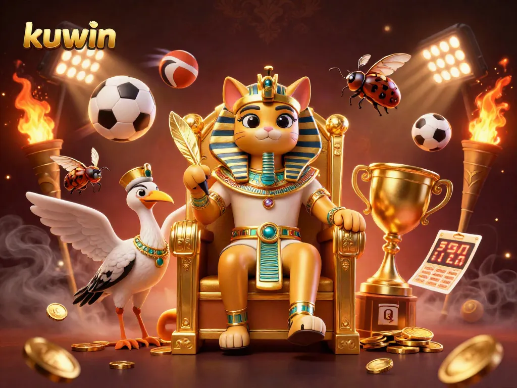 Kuwin showcases a vibrant scene of an Egyptian pharaoh cat amidst gambling elements, embodying excitement and energy.