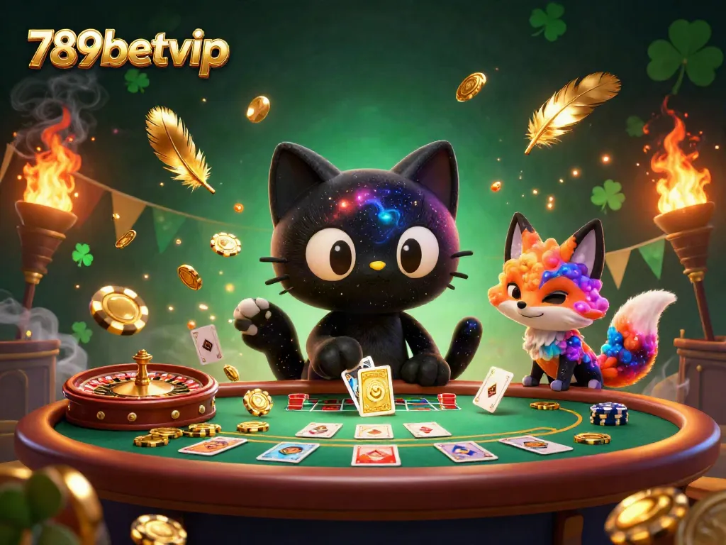 Experience thrilling gameplay at 789betvip with a dynamic casino scene featuring a cosmic black hole cat and colorful fox.