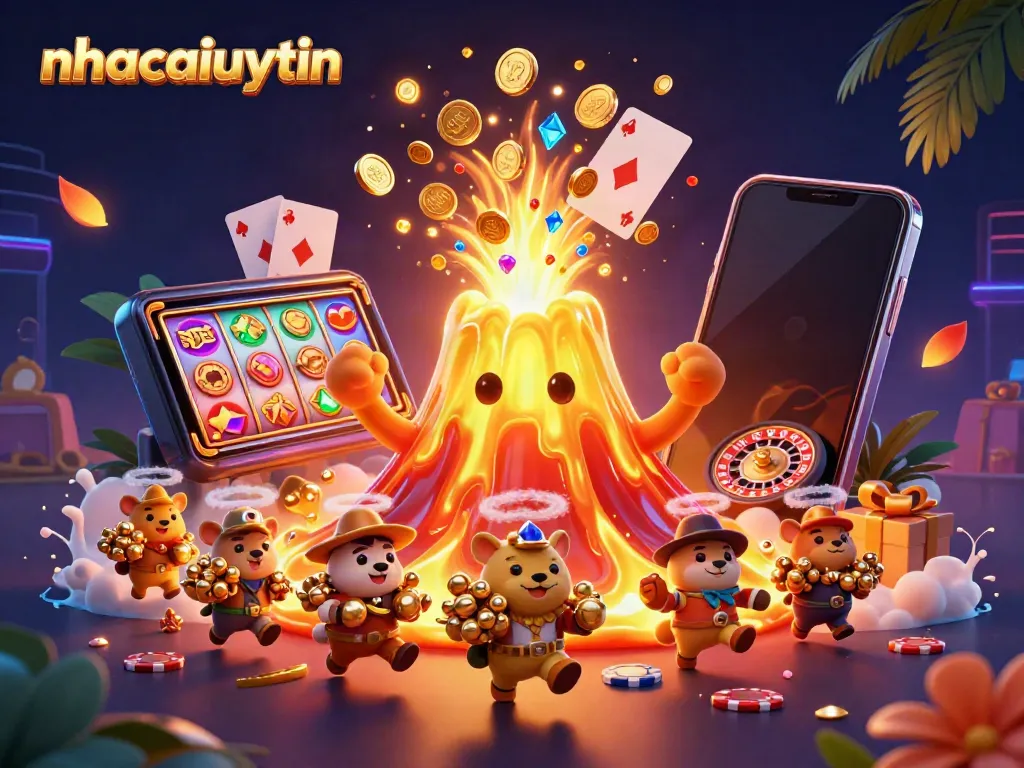 Experience excitement with nhacaiuytin as the golden volcano erupts treasures in a thrilling casino scene.