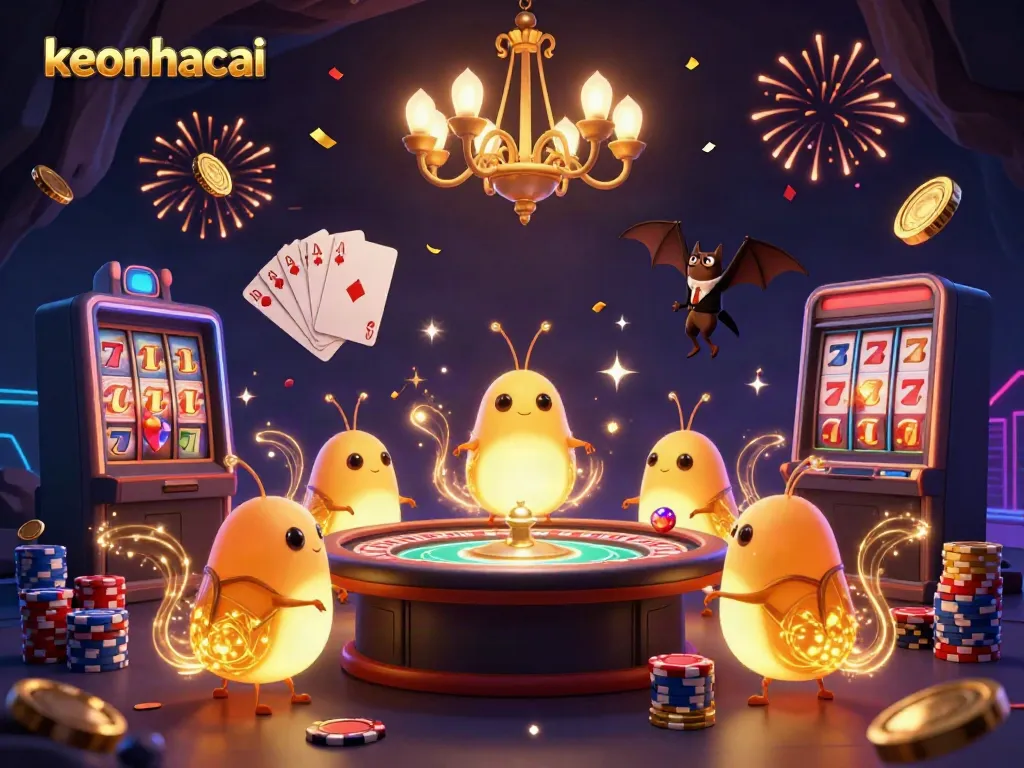 Experience vibrant gaming at keonhacai with glowworms illuminating a bustling cave casino scene.