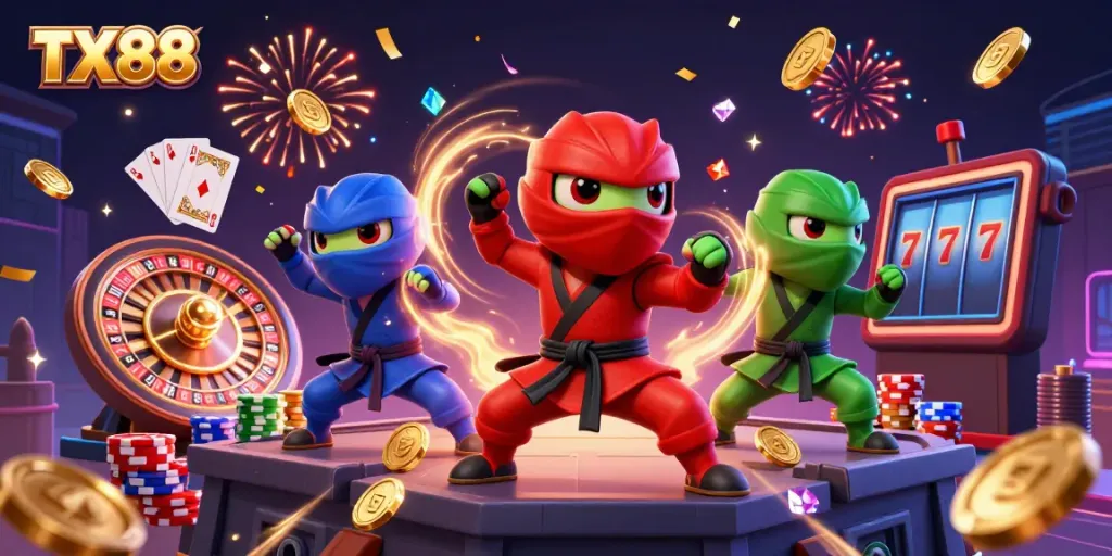 Engage with TX88 as ninja chameleons showcase casino thrills amidst golden coins and vibrant game elements.