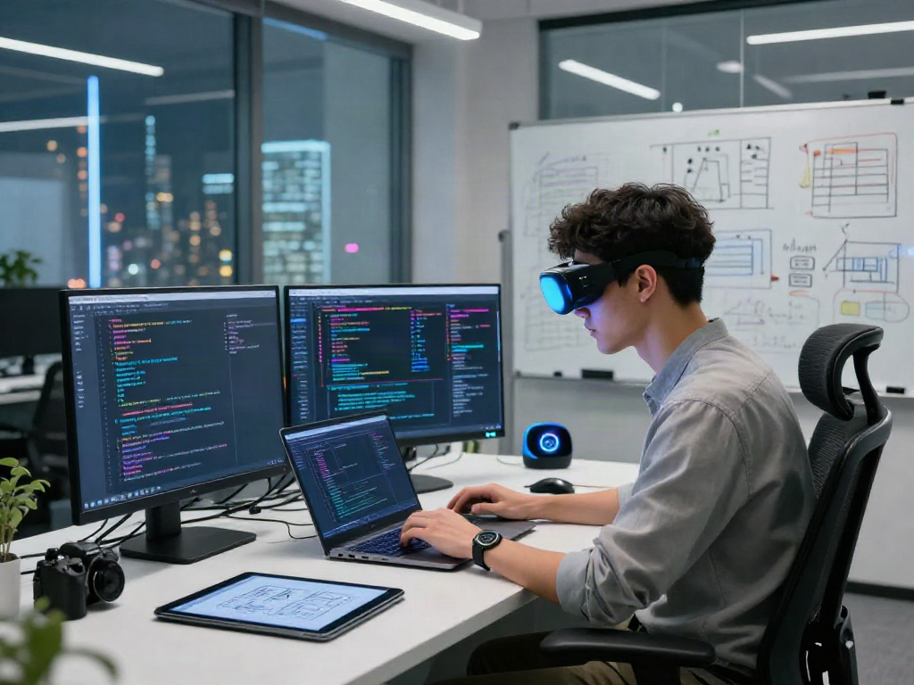 Innovative tech workspace with developer coding AI algorithms in a modern office.