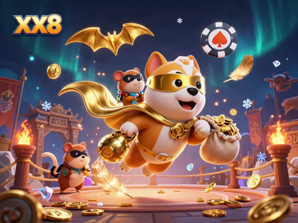 Experience the thrill of XX8 with dynamic characters, gold coins, and poker elements in vibrant 3D.