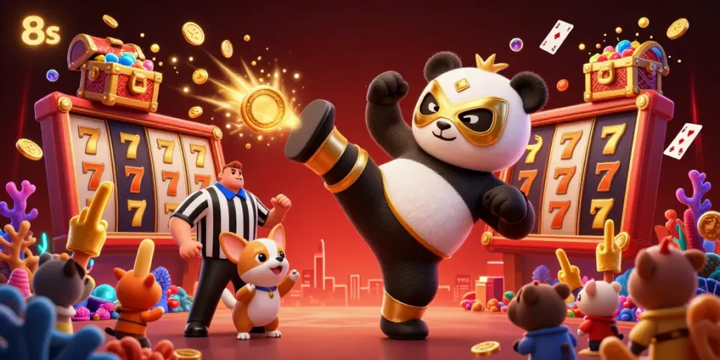Experience thrilling moments at 8s casino, with a wrestler panda and vibrant gambling elements in action.