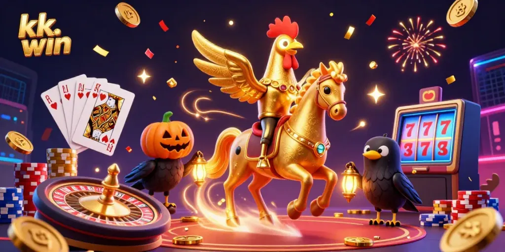 Engage with thrilling action at kk win, showcasing vibrant casino elements like golden coins and spinning roulette.