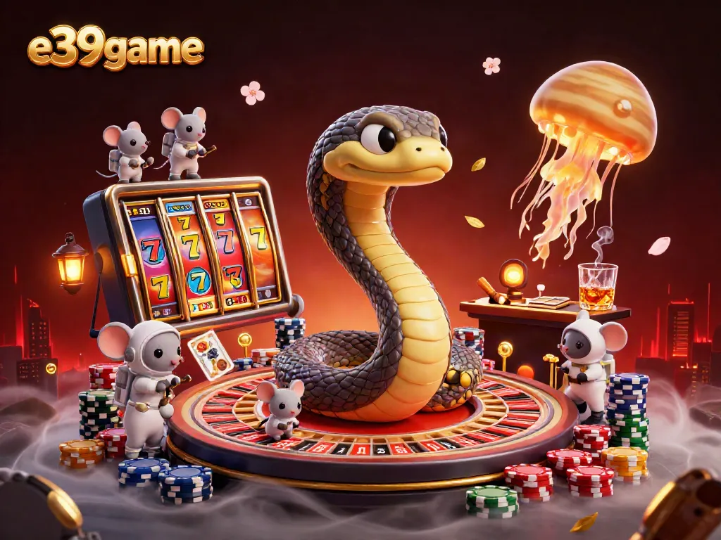 Join the excitement at e39game as astronaut mice bet around a cosmic roulette wheel, with vibrant gaming elements.