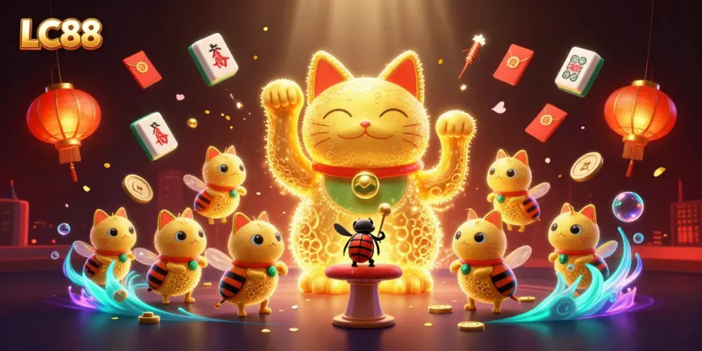 Engaging illustration showcasing LC88's vibrant casino theme with dynamic characters and elements of luck.