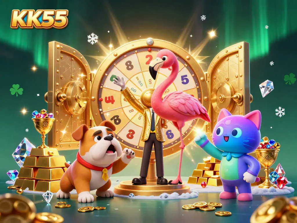 Experience the thrill of KK55 with a vibrant scene featuring a game show host and excited contestants amidst golden treasures.