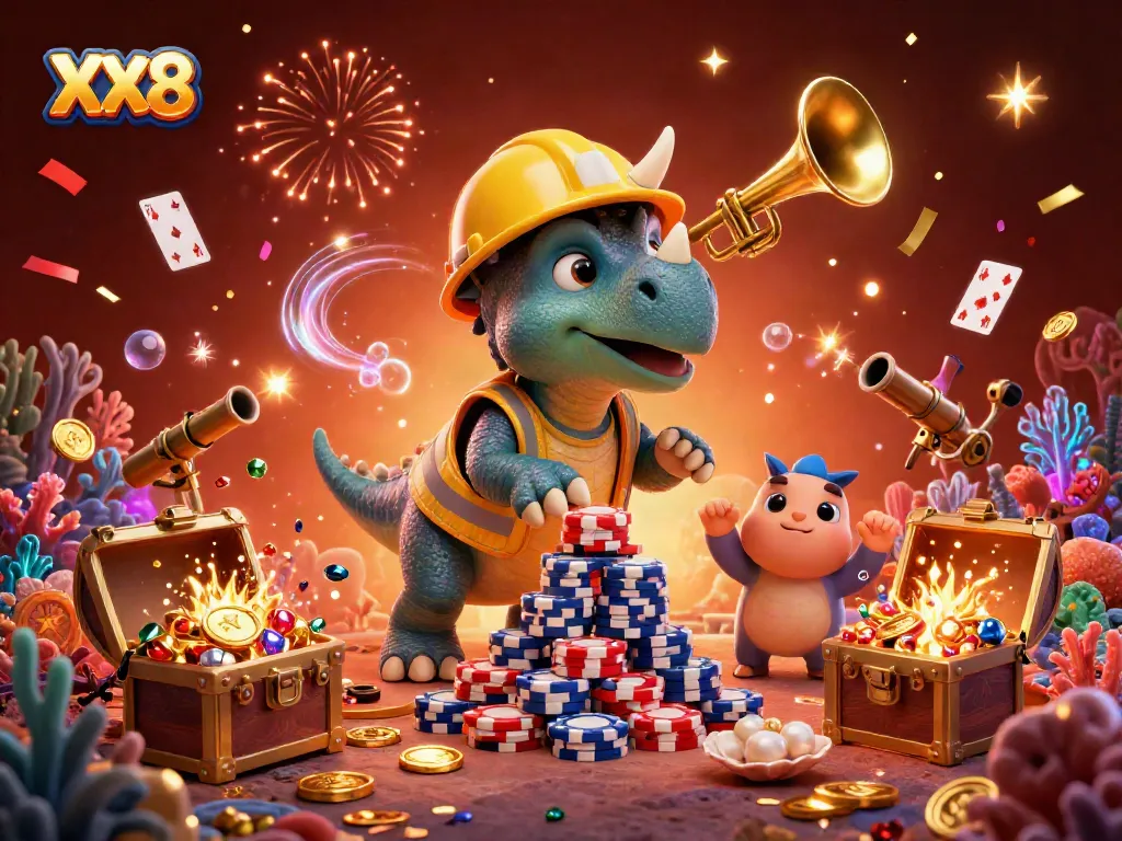 Celebrate with XX8: A colorful scene of a triceratops and friends amidst casino elements.