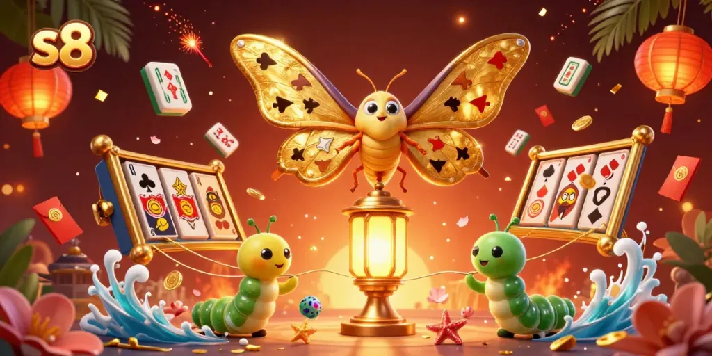 S8 features a majestic atlas moth surrounded by vibrant slot reels and golden gaming elements, creating an engaging gaming atmosphere.