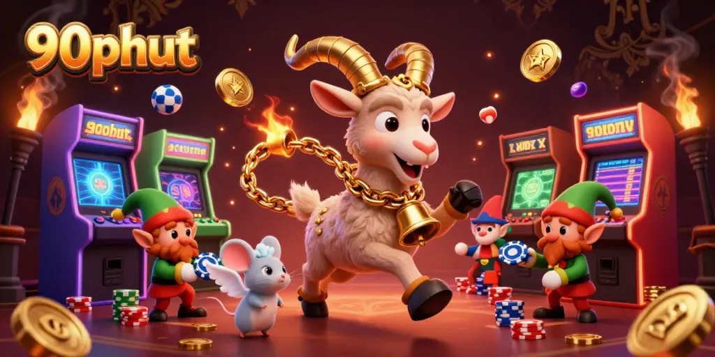 90phut elevates the sports betting experience with a festive gambling scene featuring lively characters.