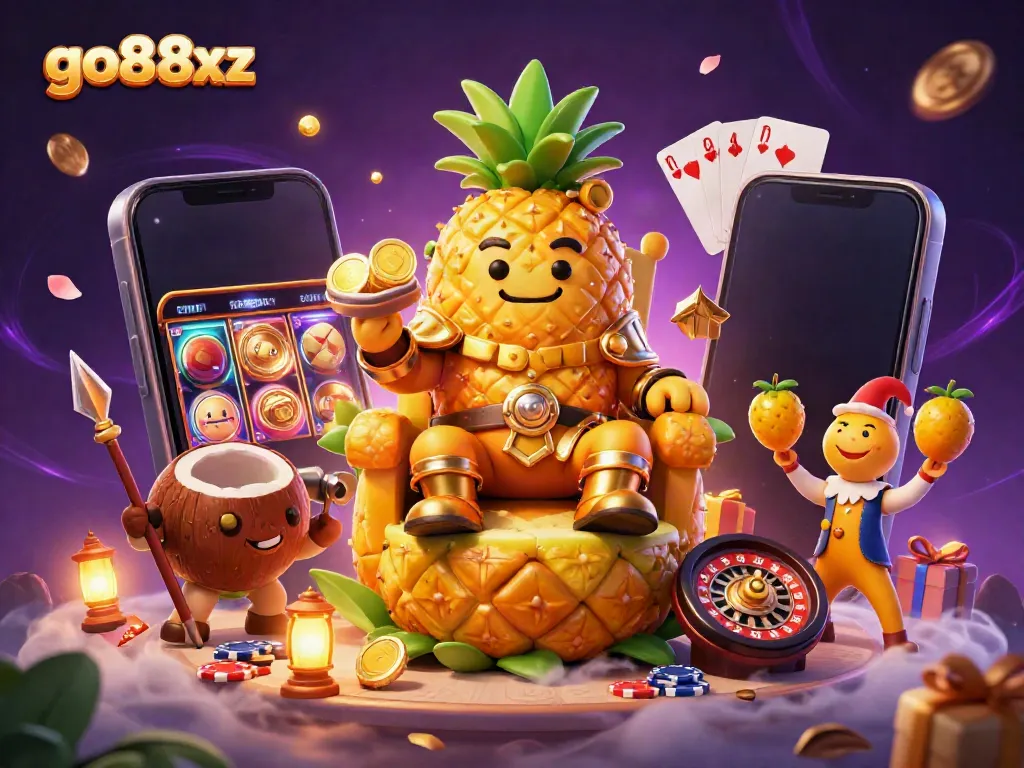 Experience go88xz excitement with a golden pineapple king leading a lively beach casino