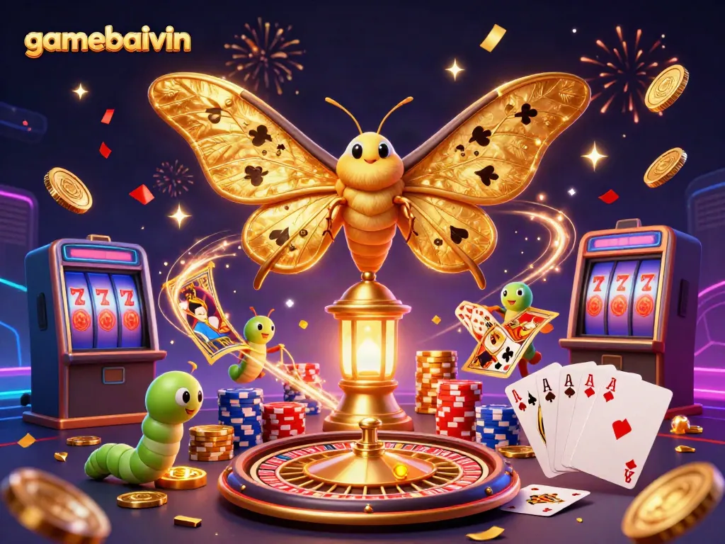Experience the enchanting world of gamebaivin with a vibrant 3D casino scene featuring a majestic moth and golden casino elements.