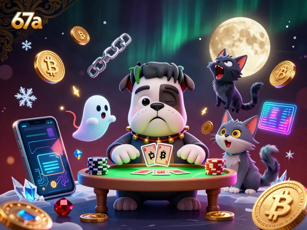 Engage with the thrilling ambiance of 67a, where Frankenstein's bulldog deals cards amidst ghostly and cryptocurrency elements.