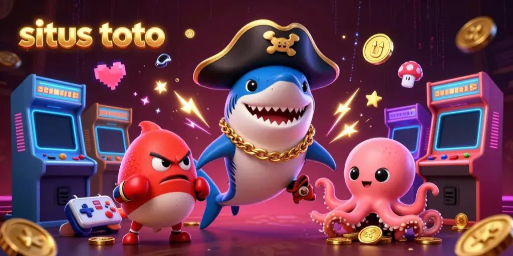Gambaran situs toto dengan karakter kartun 3D menarik dan elemen kasino yang berwarna-warni untuk menarik pemain.
