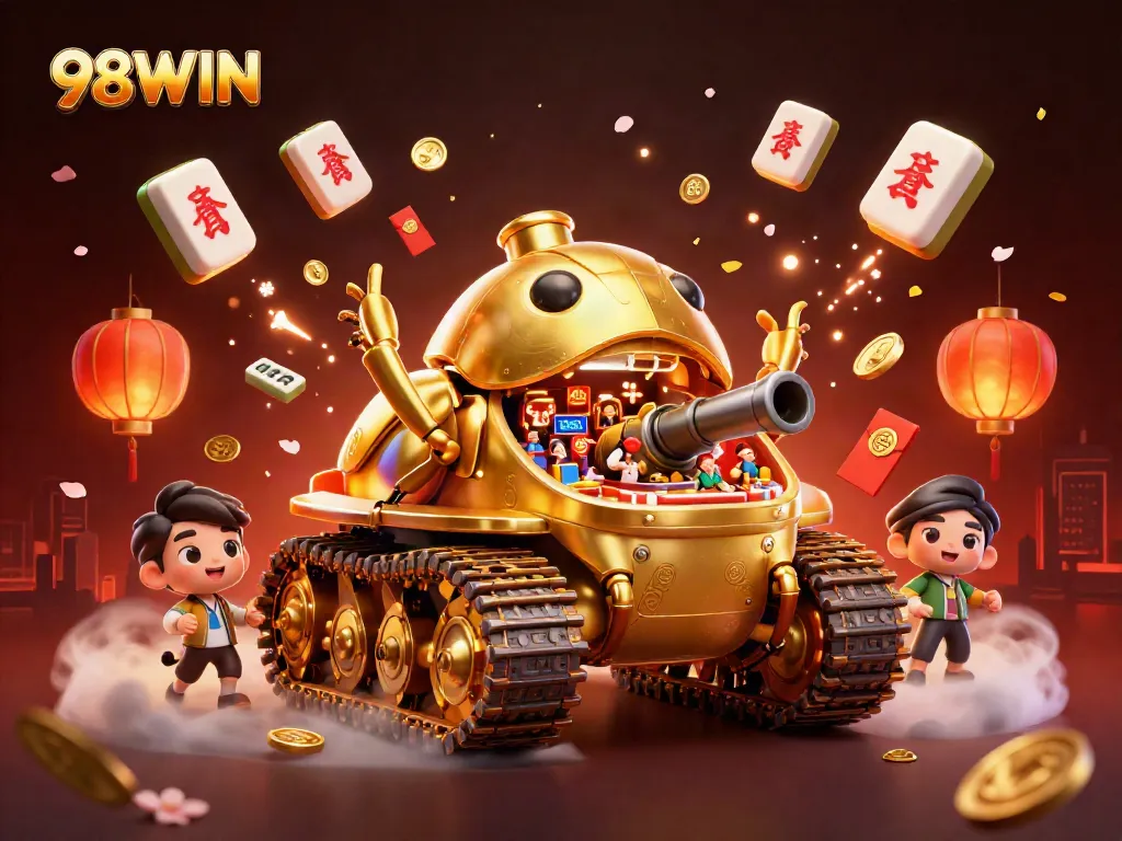 Win at 98WIN with a vibrant casino scene featuring a golden beetle tank, confetti, and game elements.