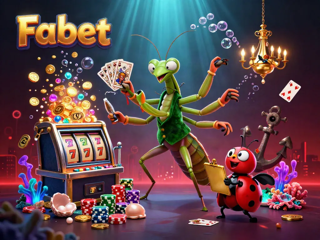 Fabet captures the excitement of gaming with a giant mantis card sharp dealing cards alongside a ladybug pit boss.