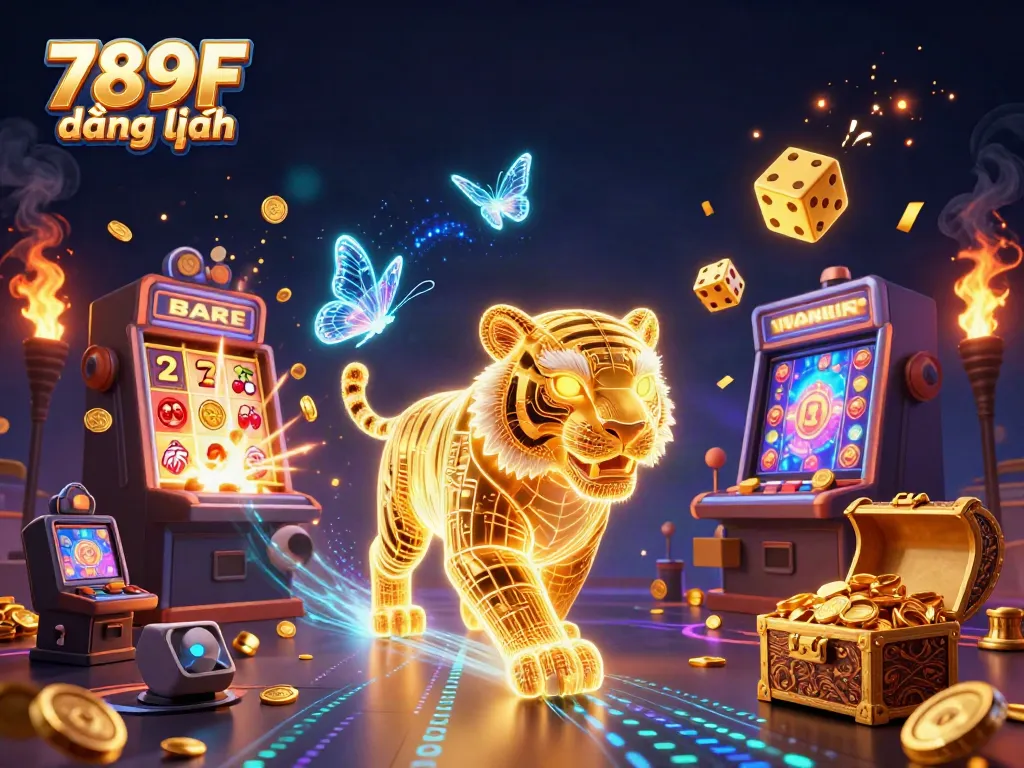Experience thrilling 789F đăng nhập action with a golden tiger in a dazzling casino environment.