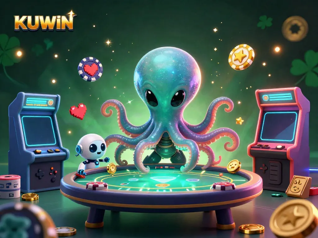 Experience thrilling gambling at KUWIN with a colorful 3D casino scene featuring an alien octopus and a robot.