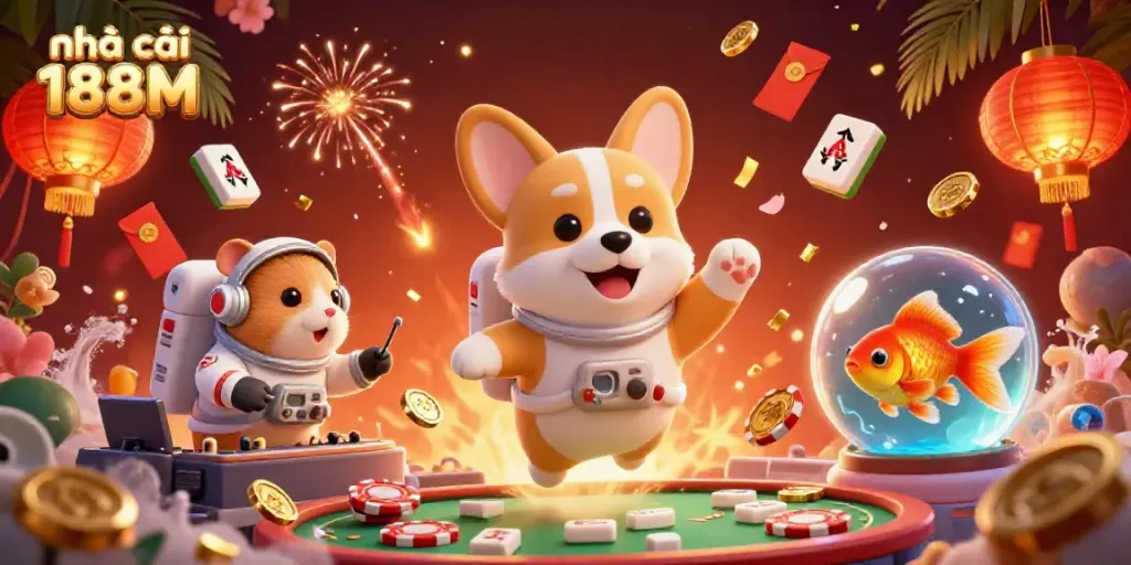 Experience the excitement at nhà cái 188M in a vibrant casino-themed cosmic scene filled with lucky elements and engaging characters.
