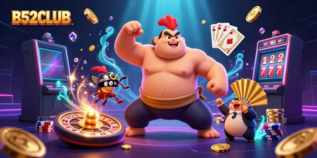 Experience exhilarating gameplay with B52CLUB as characters engage amidst cascading coins and vibrant casino elements.