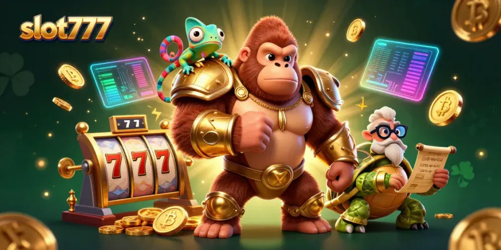 Gorila raja dan teman bermain slot777, dikelilingi simbol jackpot dan koin crypto.