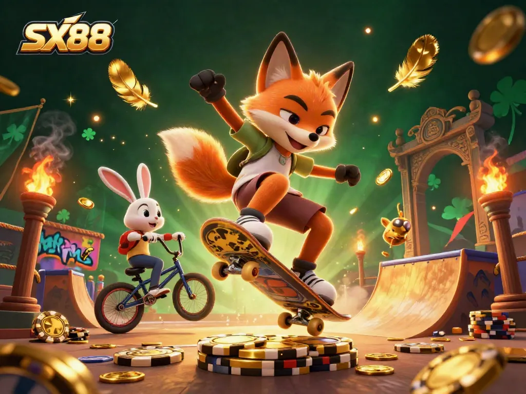 SX88 showcases a skateboarder fox and BMX rabbit in a vibrant casino-themed scene filled with golden poker chips.