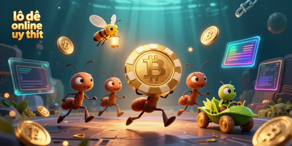 Engage in thrilling lô đề online uy tín gaming with animated ants on a heist amidst vibrant crypto elements.