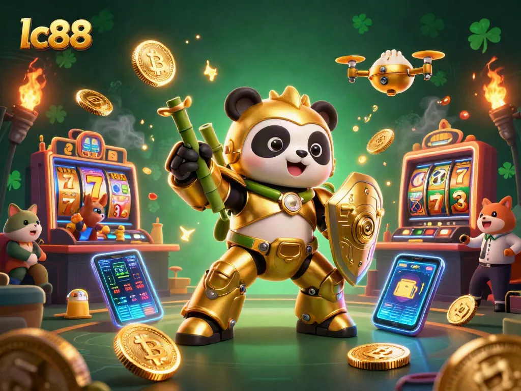 Engage in exciting casino action with lc88 featuring a mech-suit panda and vibrant slot elements.