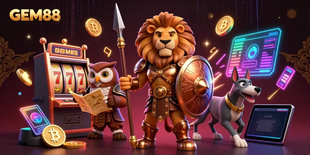 Engage in the thrilling world of GEM88 with a vibrant 3D illustration featuring iconic characters and gaming elements