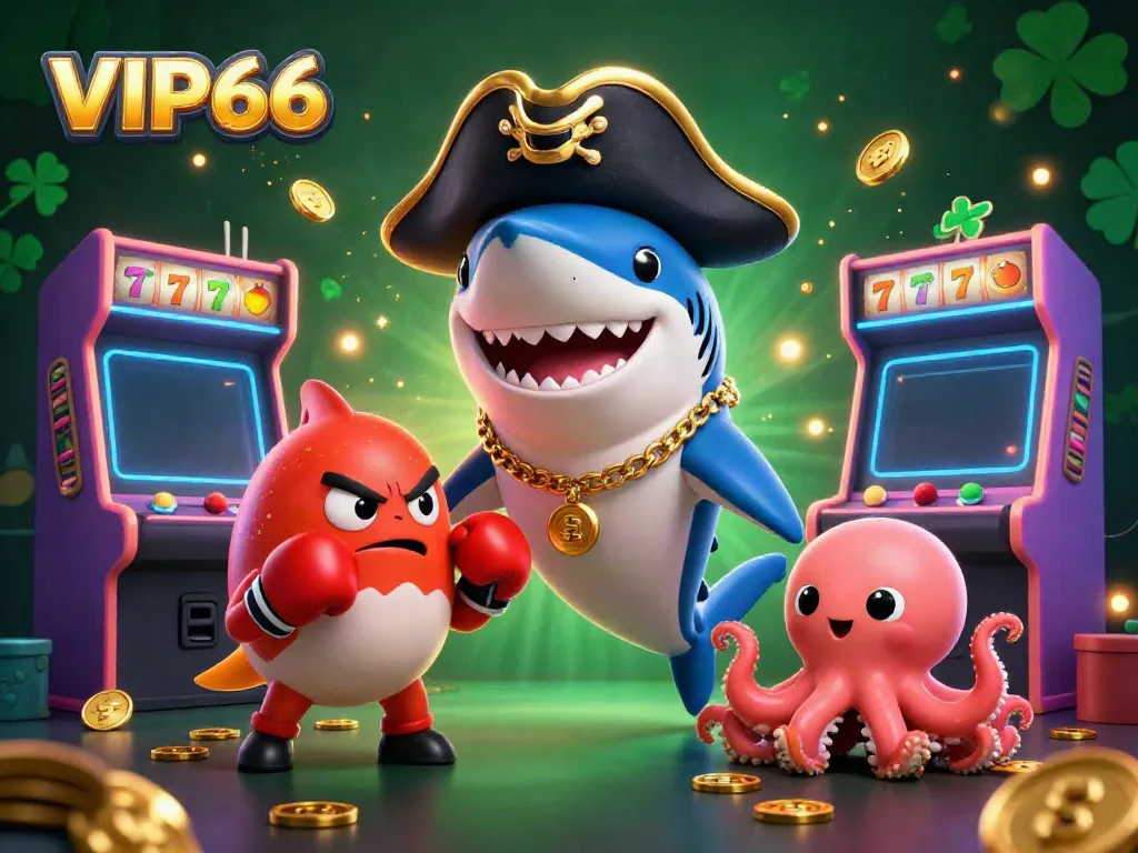 Engaging VIP66 casino scene with cartoon pirate shark, pufferfish, and octopus surrounded by vibrant game elements.