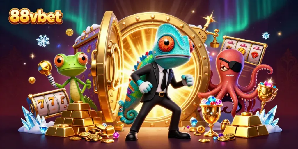 Engage with the vibrant world of 88vbet as chameleon and companions celebrate casino jackpots.