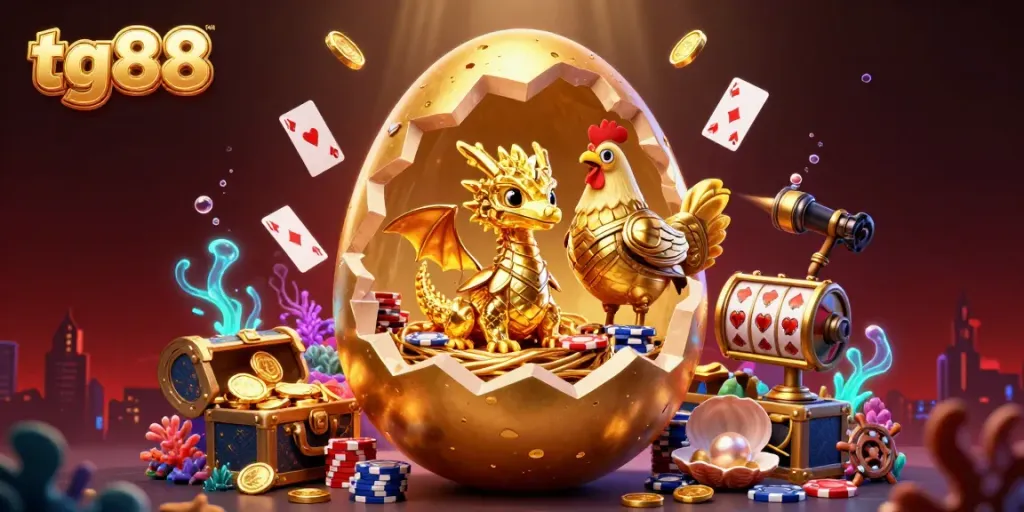 Experience the thrill of tg88 with a golden dragon guarding poker chips and exploding treasures.